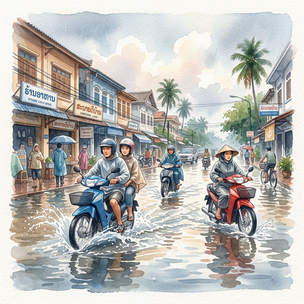 わずか1時間の豪雨で首都ビエンチャンの一部が冠水、交通網に乱れ