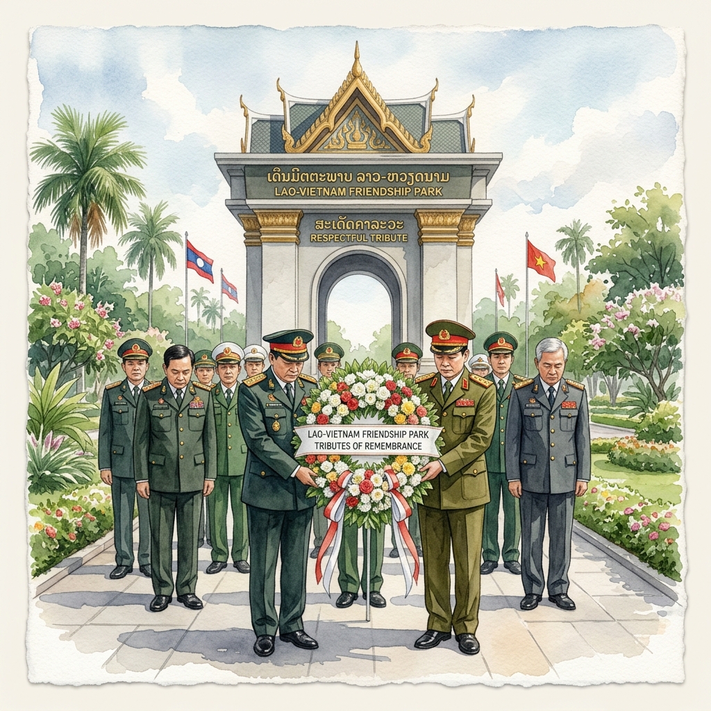 ベトナム人民軍政治総局長一行、ラオス・ベトナム友好記念公園で献花を行い両国の絆を再確認