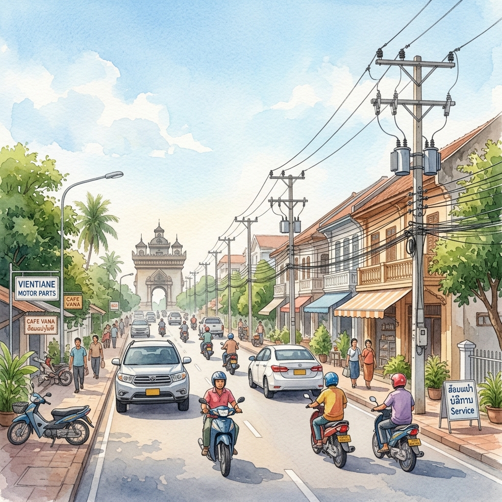 ビエンチャン市サイセッター郡での電柱倒壊現場、EDLの速やかな復旧作業により通行再開