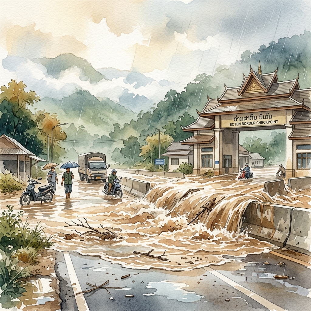 ルアンナムター県ボーテン中国国境検問所周辺にて豪雨による山腹泥流・突発的洪水が発生、道路が冠水被害