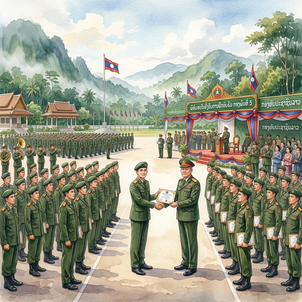 ラオス人民軍第5歩兵師団、幹部および兵士向け政治指導講習を修了し厳粛な閉校式を開催