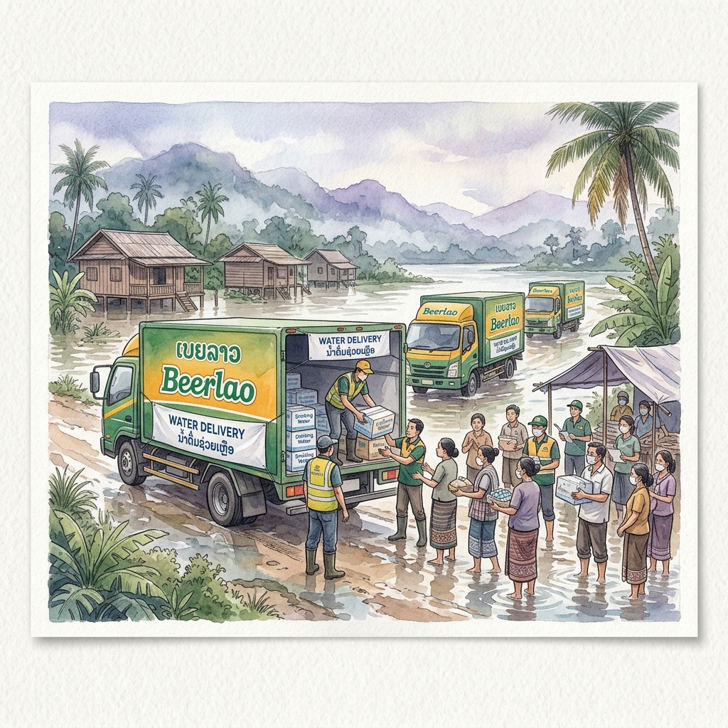 ビアラオス社(Lao Brewery Co., Ltd.)、政府高官と連携し被災各県へ大量の飲料水・救援物資を寄贈