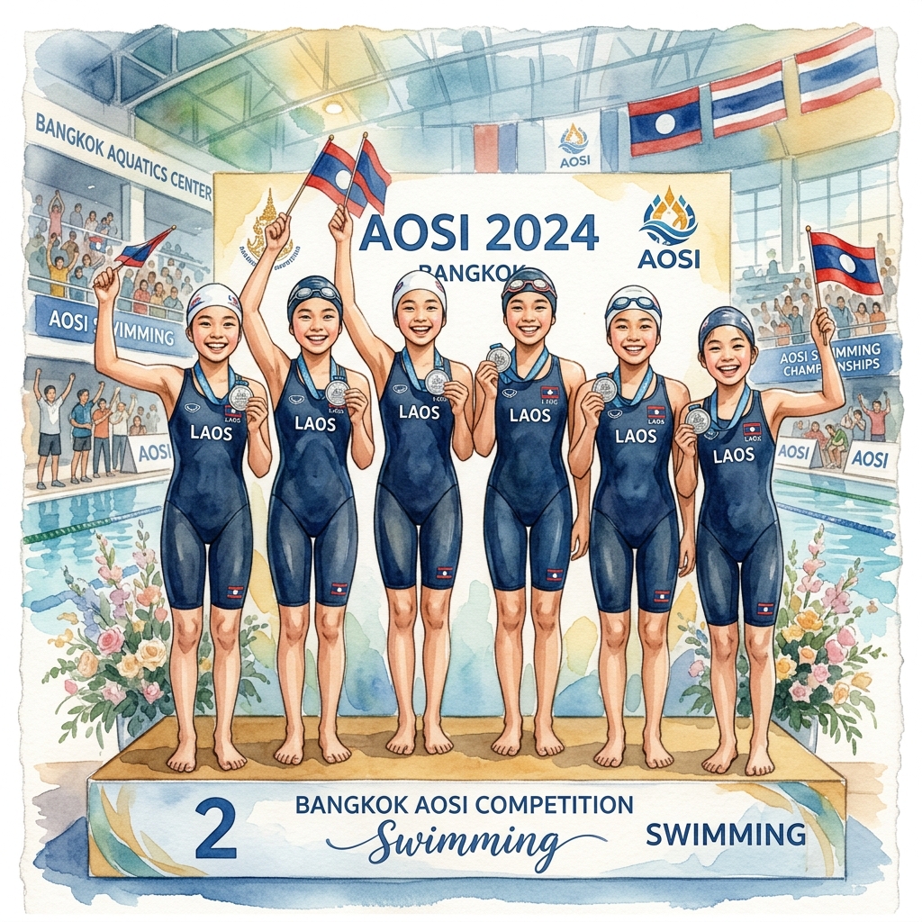 ラオスジュニア競泳代表チーム、バンコク開催の国際水泳大会「AOSI Bangkok 2026」で圧巻の57メダルを獲得