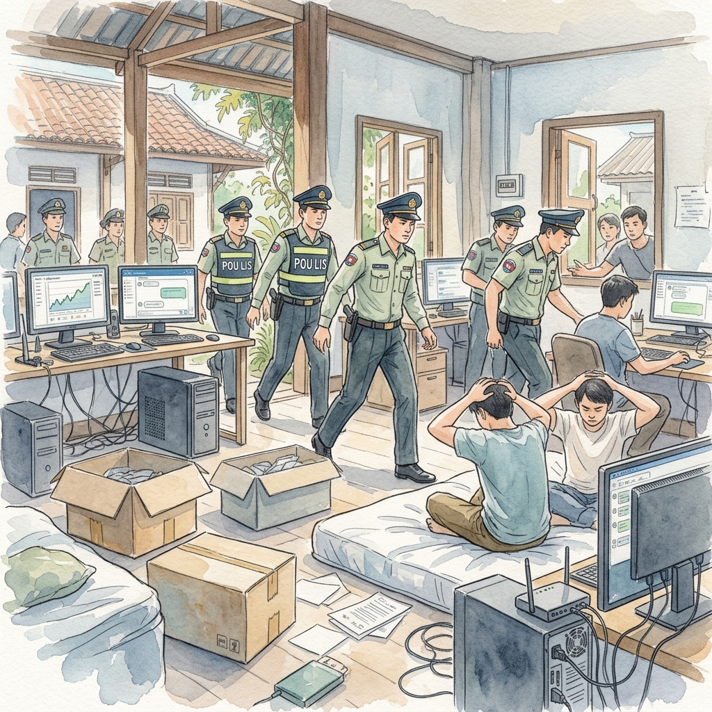 ウドムサイ県警察、月額1億キープで宿を借り切っていた国際オンライン詐欺グループ52名を一挙強行摘発