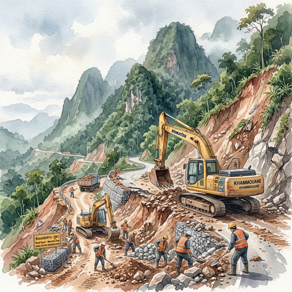 カムムアン県クーンカム郡の山岳道路(プーファマーン区間)で土砂崩れ復旧工事が加速、本日中の開通へ作業継続